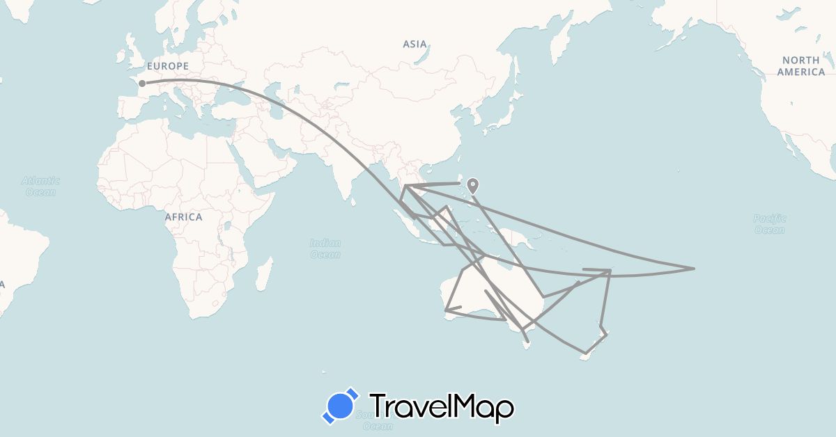 TravelMap itinerary: driving, plane in Australia, Fiji, France, Indonesia, Cambodia, Malaysia, New Caledonia, New Zealand, French Polynesia, Philippines, Singapore, Thailand, Vanuatu (Asia, Europe, Oceania)